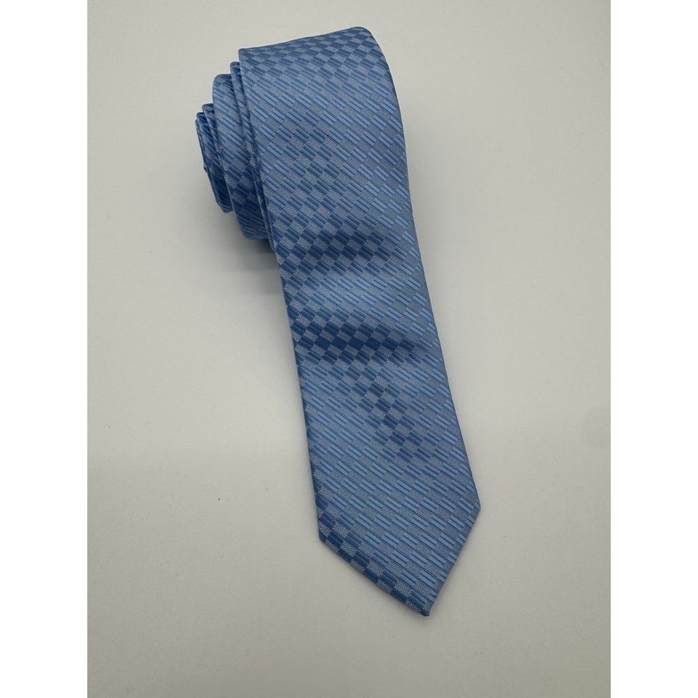 Profile Men's Blue Checkered Tie Woven Geometric Pattern Classic Necktie - Picture 1 of 7